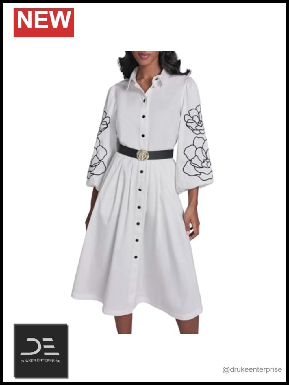 Puff Sleeve Floral Embroidered Dress Rosette Belt Knee-Length